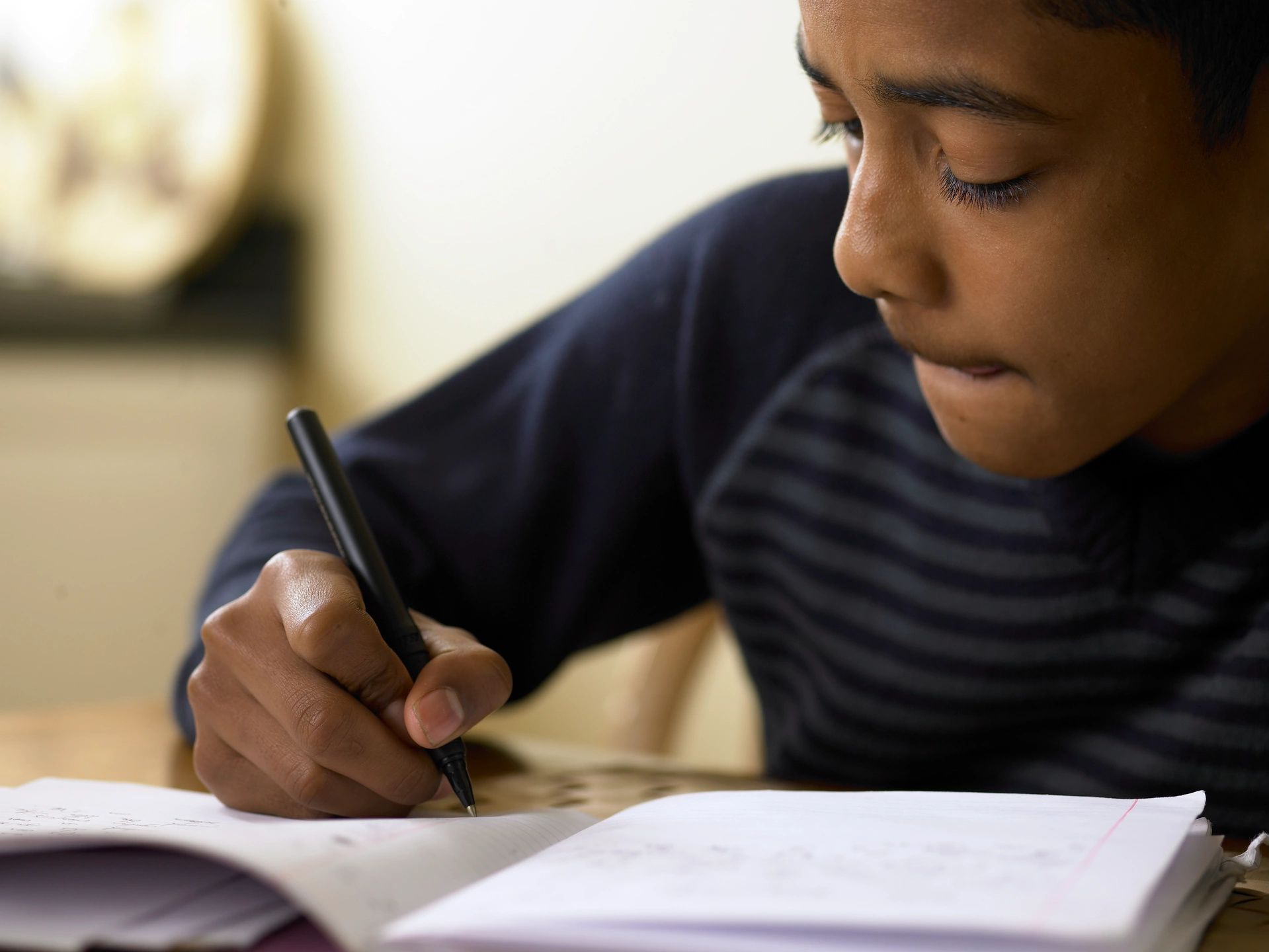 Boy studying with book and pen.