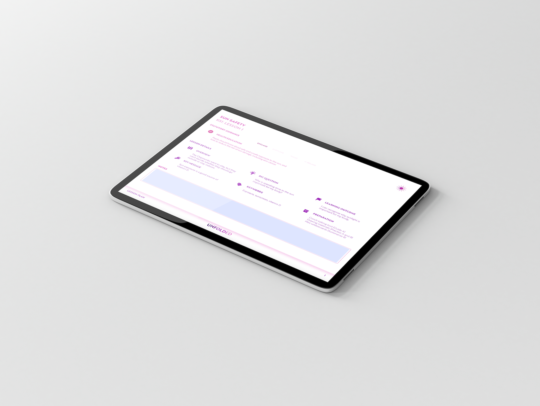 A tablet showing the Unfold PSHE lesson plan.